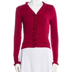 Anne Fontaine Paris Vneck Ribbed Button Front Ruffle Trim Lightweight Cardigan S